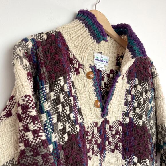 Vintage 90s Chunky Knit Plaid Cottagecore Coastal Fisherman Wool Sweater XXL - Picture 2 of 8